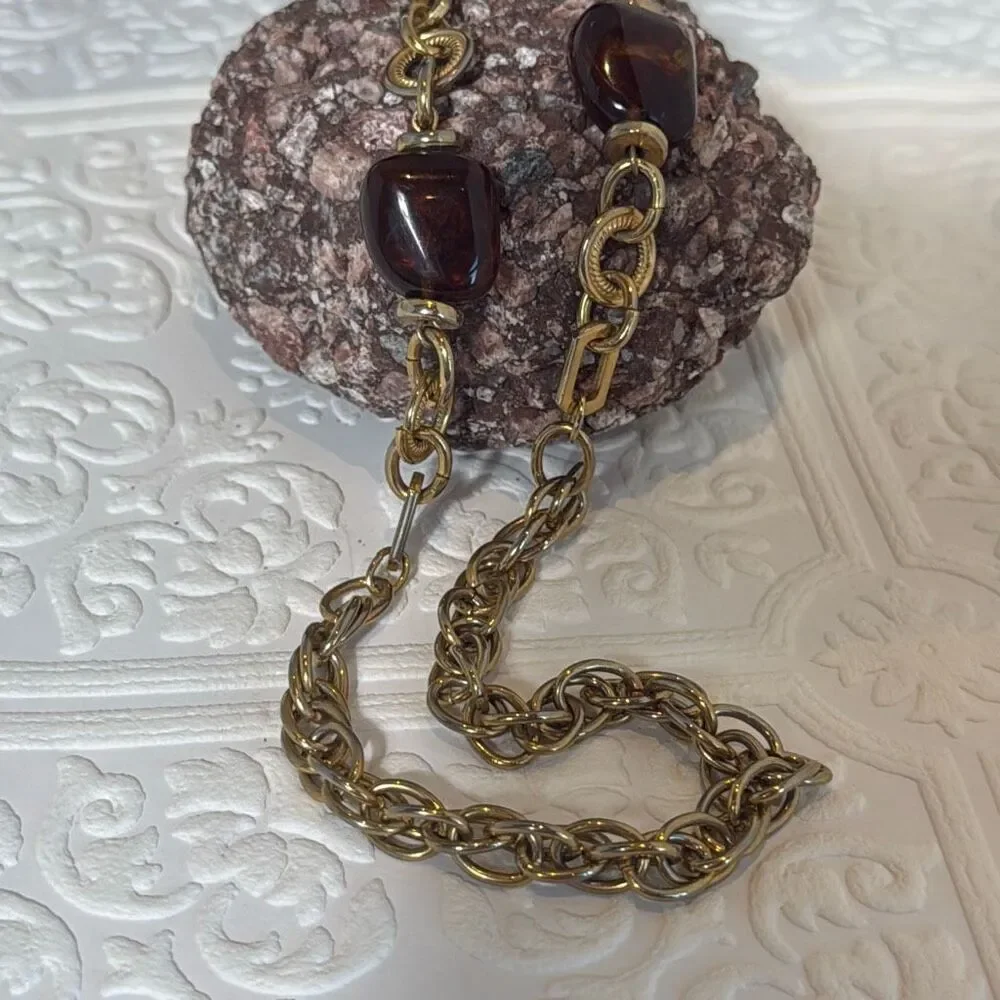 Vintage Gold Tone Long Chunky Chain Necklace With‎ Faux Amber Beads 30”